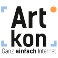 Artkon Logo: qudratisch. Schriftzug mit Begrenzungswinkeln. Im rechten oberen Eck ein Begrenzungskreis. Darunter Slogan: "Ganz einfach Internet".